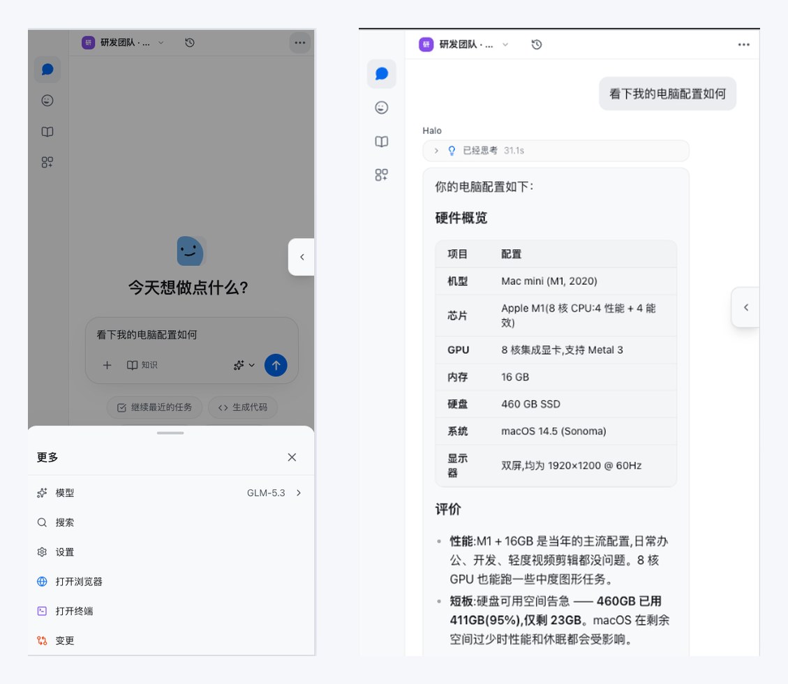 手机远程使用 Halo：左为手机上的 Halo，右为在手机上查看电脑完成的结果