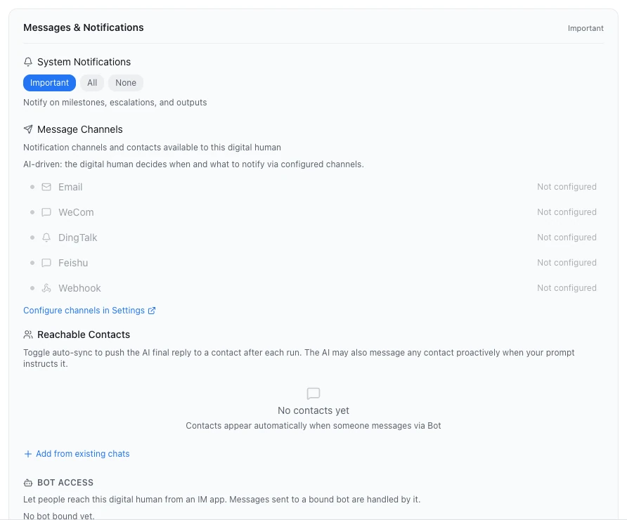 The Messages & Notifications group: System Notifications set to Important, Message Channels listing Email, WeCom, DingTalk, Feishu and Webhook as not configured, then Reachable Contacts and Bot Access