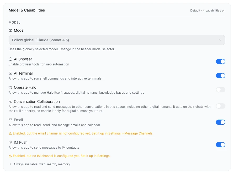 The Model & Capabilities group: the model follows global, then six switches for AI Browser, AI Terminal, Operate Halo, Conversation Collaboration, Email and IM Push, with yellow not-configured notes under Email and IM Push