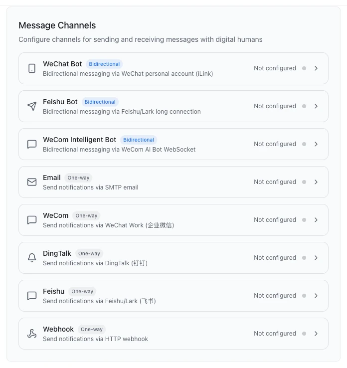 The Message Channels page in Settings: three two-way bot cards at the top, then one-way notification cards such as Email, WeCom, DingTalk, Feishu and Webhook
