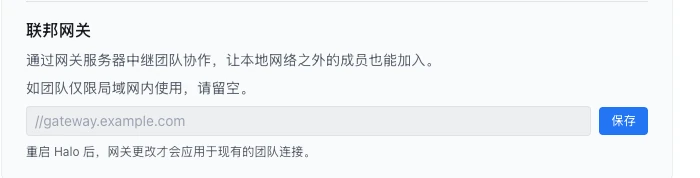 设置 › 远程访问 里的联邦网关：一个地址输入框和保存按钮，说明文字写着「如团队仅限局域网内使用，请留空。」