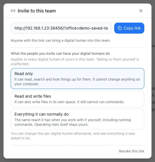 The Invite to this team dialog: the invite link and Copy link at the top, the three choices for what invitees can have your digital humans do, and Revoke this link at the bottom right