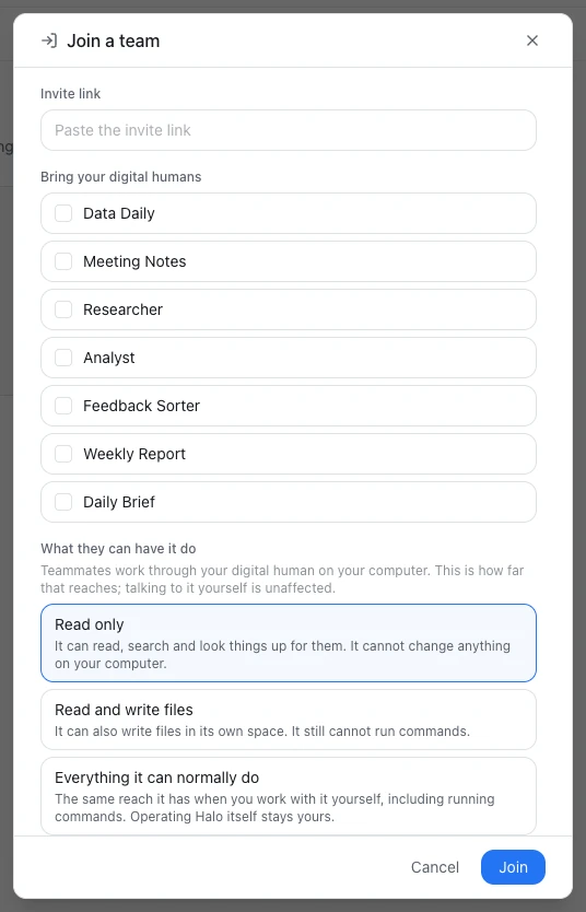 The Join a team dialog: the invite link box, a multi-select list under Bring your digital humans, and the three choices under What they can have it do