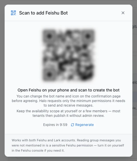 The Scan to add Feishu Bot dialog: the QR code (blurred), the note about changing the name and icon, and the advice on availability