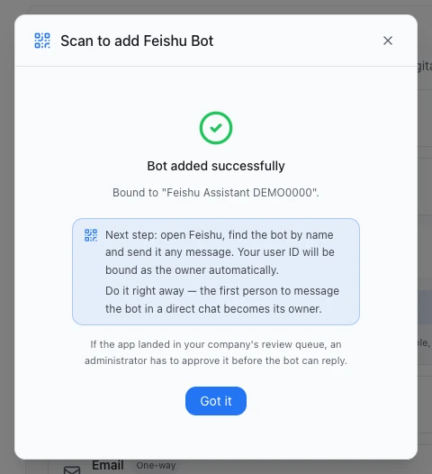 Bot added successfully: the bound Digital Human's name, the do-it-right-away reminder and the note about administrator review