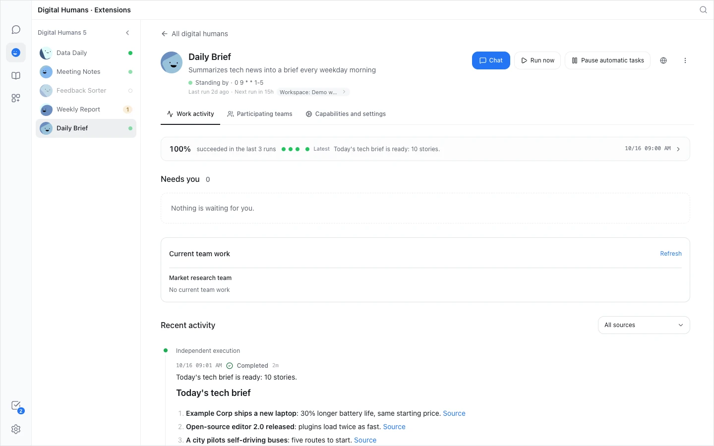A Digital Human's page: the chat, run-now and pause buttons at the top; Work activity then shows how recent runs went, what needs you, current team work and the latest run's result
