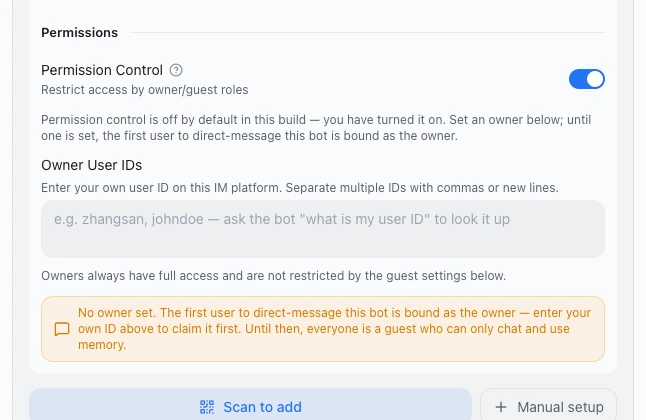 A bot's permission settings: Permission Control on, Owner User IDs still empty, and the yellow No owner set warning below
