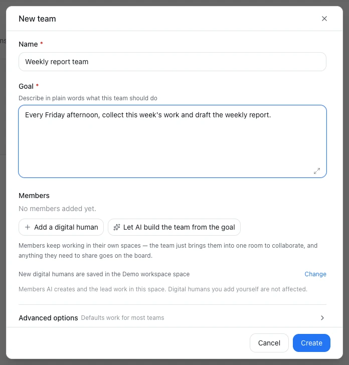The New team dialog: a filled-in name and goal, no members yet, the Add a digital human and Let AI build the team from the goal buttons, and Advanced options