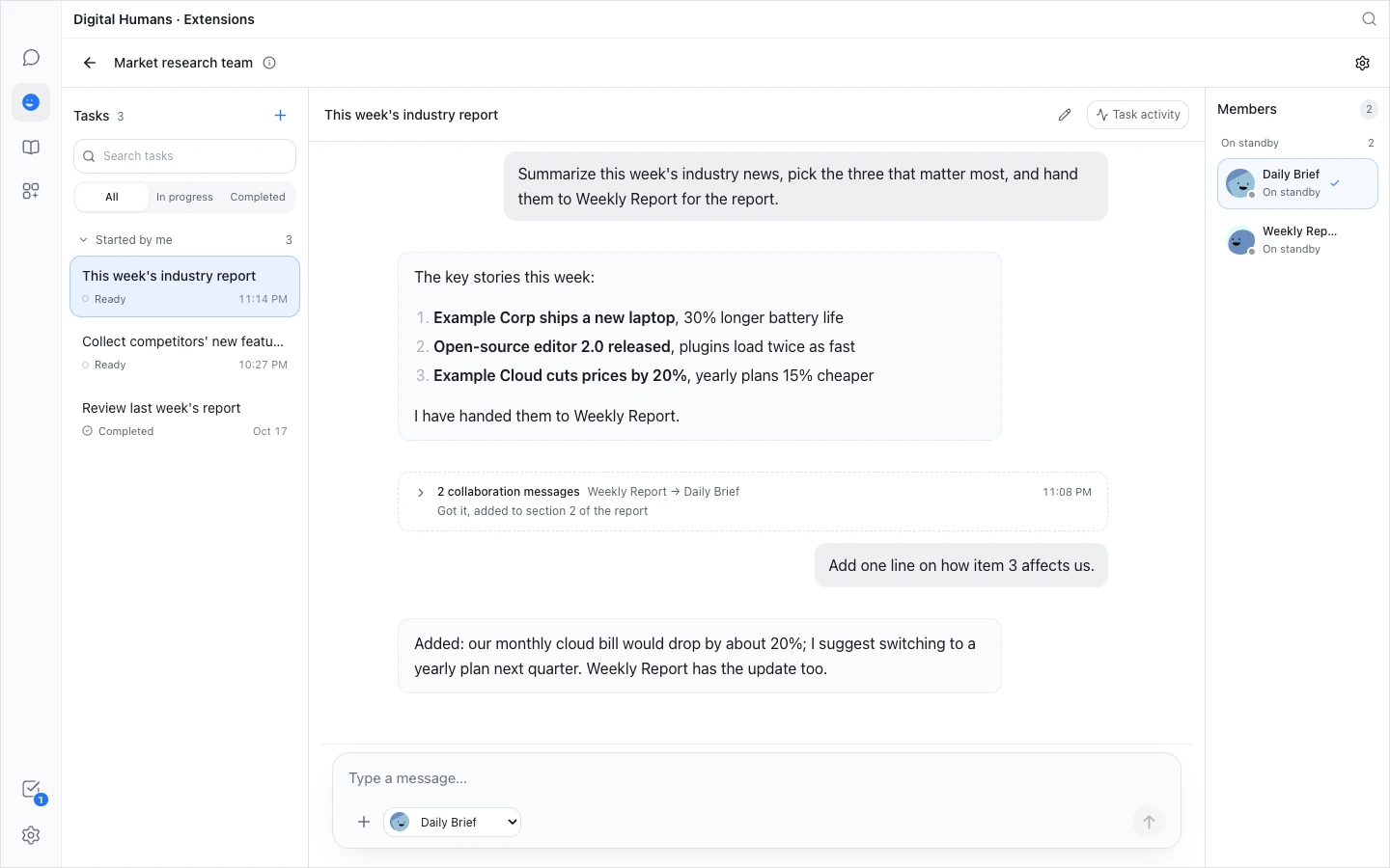 The team workbench: the task list on the left, the task conversation in the middle, the member rail on the right