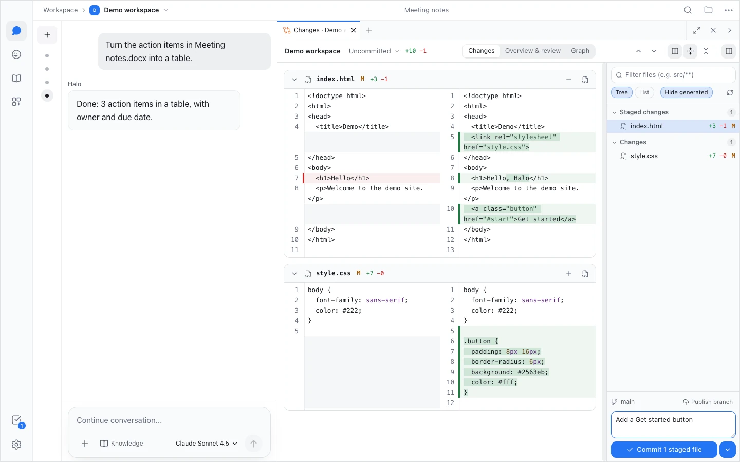 The Changes view: a side-by-side diff in the middle; on the right, the grouped file list (staged changes and changes) and the commit box with its commit button