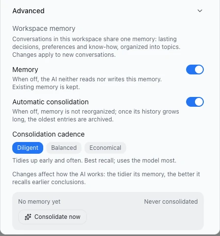 The Edit Workspace dialog with Advanced › Workspace memory expanded: Memory, Automatic consolidation, the consolidation cadence (Diligent, Balanced, Economical) and a status box with Consolidate now