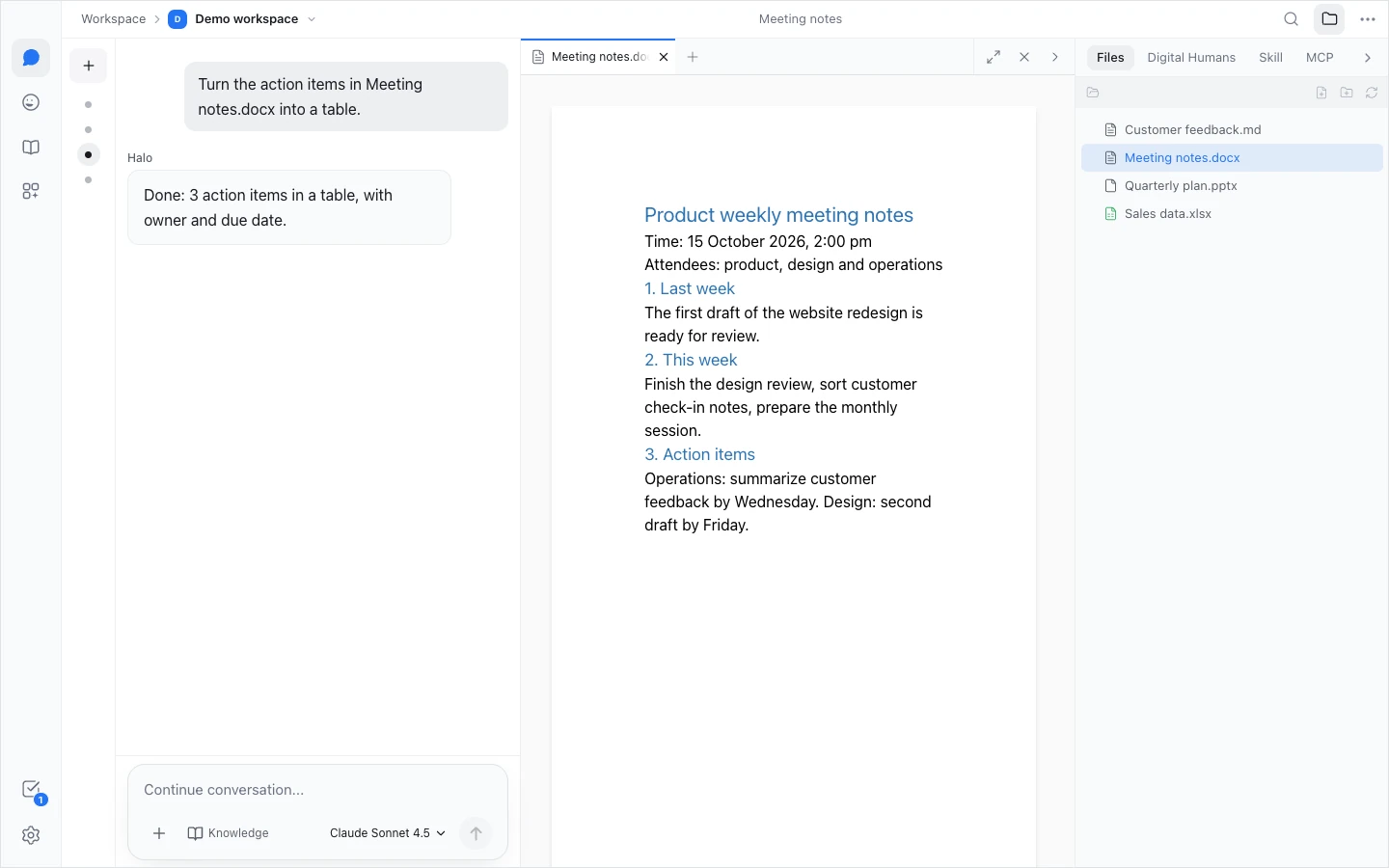 A Word document previewed in the canvas: the conversation on the left, the document in the canvas in the middle, and the file selected in the Files list on the right