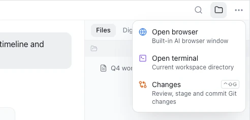 The More menu at the top right, open: Open browser, Open terminal and Changes