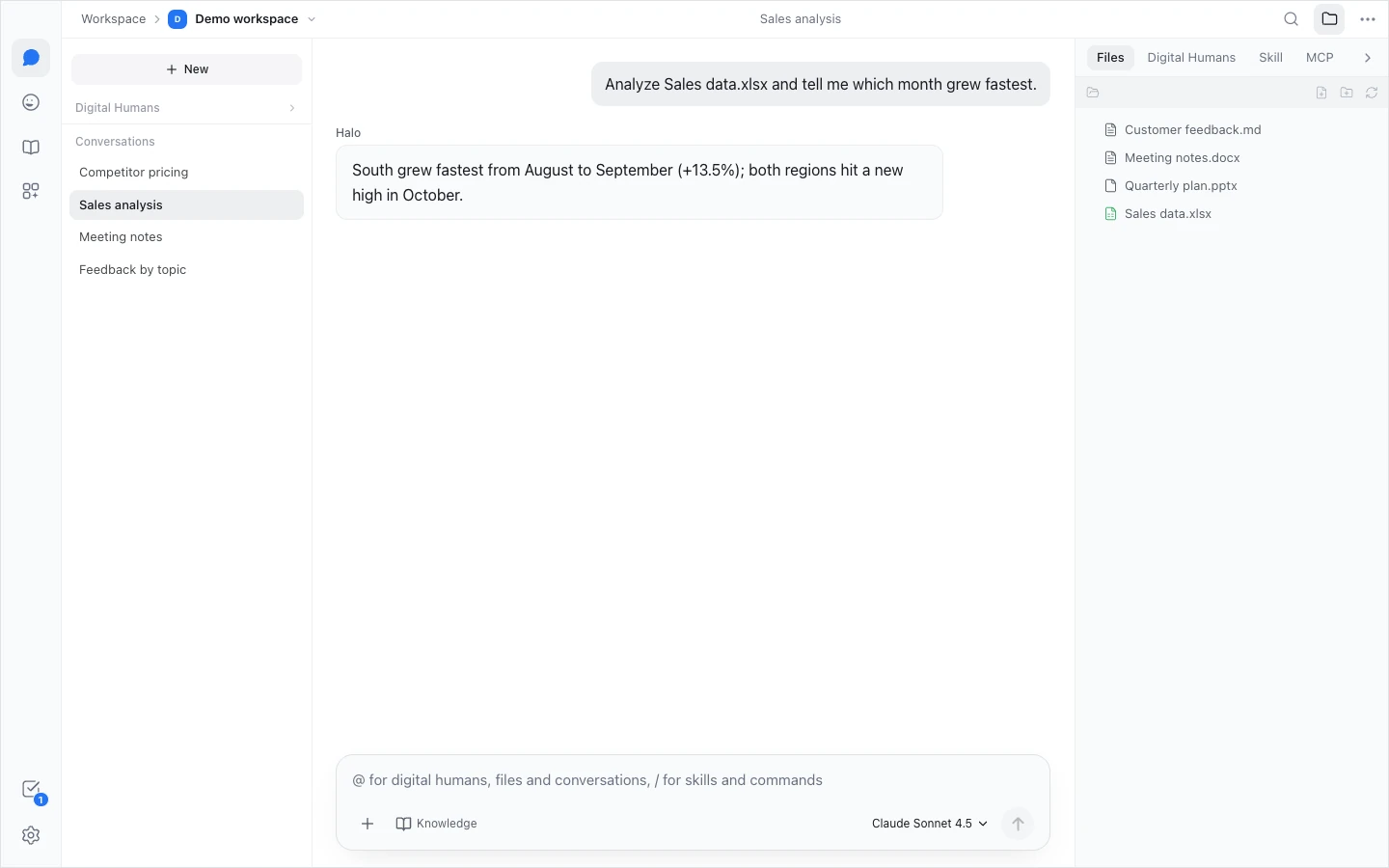 The Halo window: a column of icons on the far left, then the conversation list, the conversation and message box in the middle, and the files panel on the right