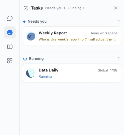The task panel: one Digital Human waiting for your answer under Needs you, and one running under Running